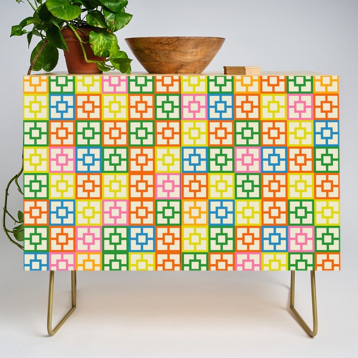 Colorful Mid Century Modern Geometric Breeze Block Pattern Credenza Gallery Image 1