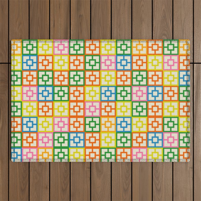 Colorful Mid Century Modern Geometric Breeze Block Pattern Outdoor Rug Gallery Image 1