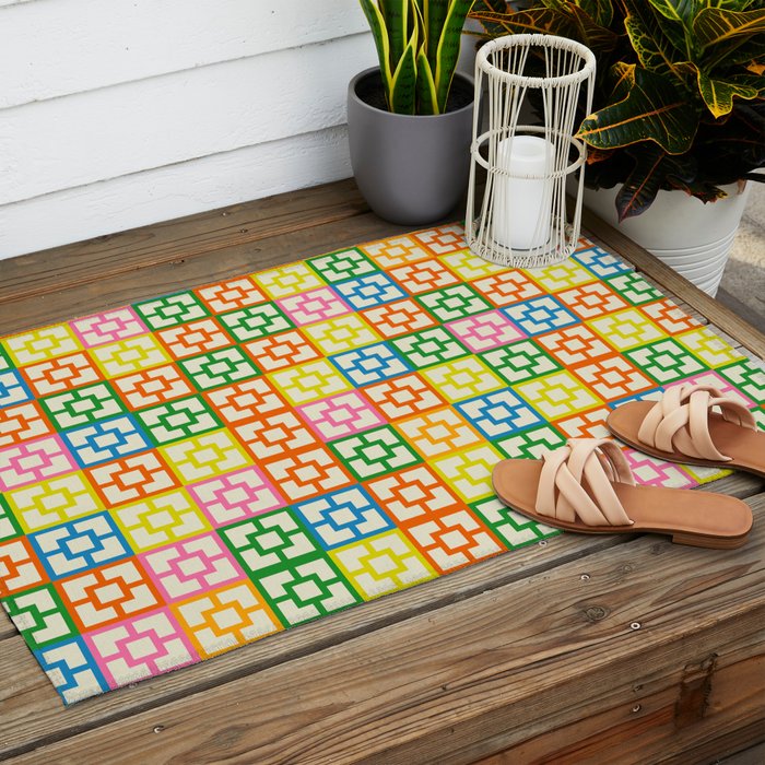 Colorful Mid Century Modern Geometric Breeze Block Pattern Outdoor Rug Gallery Image 2