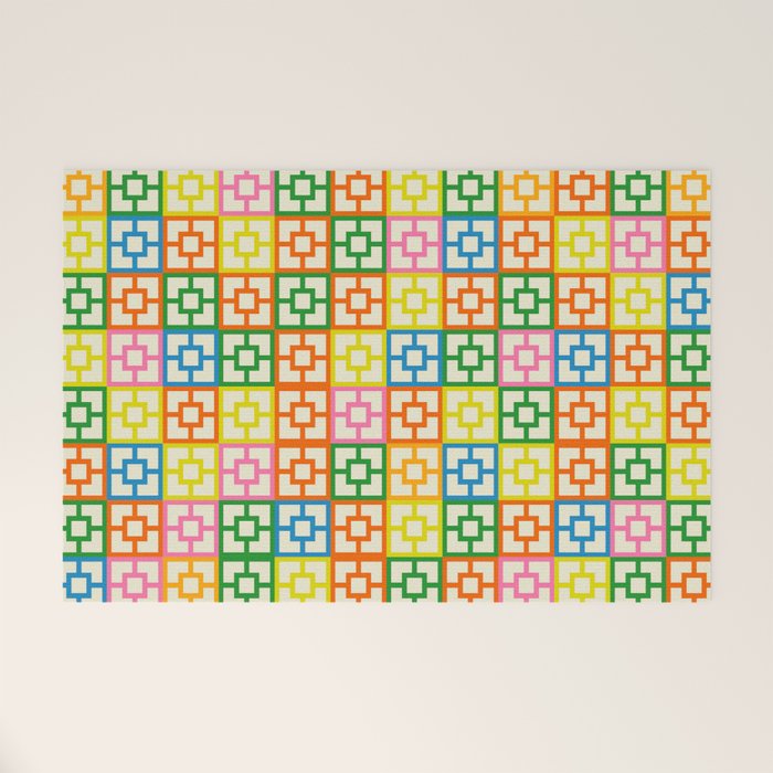 Colorful Mid Century Modern Geometric Breeze Block Pattern Welcome Mat Gallery Image 1