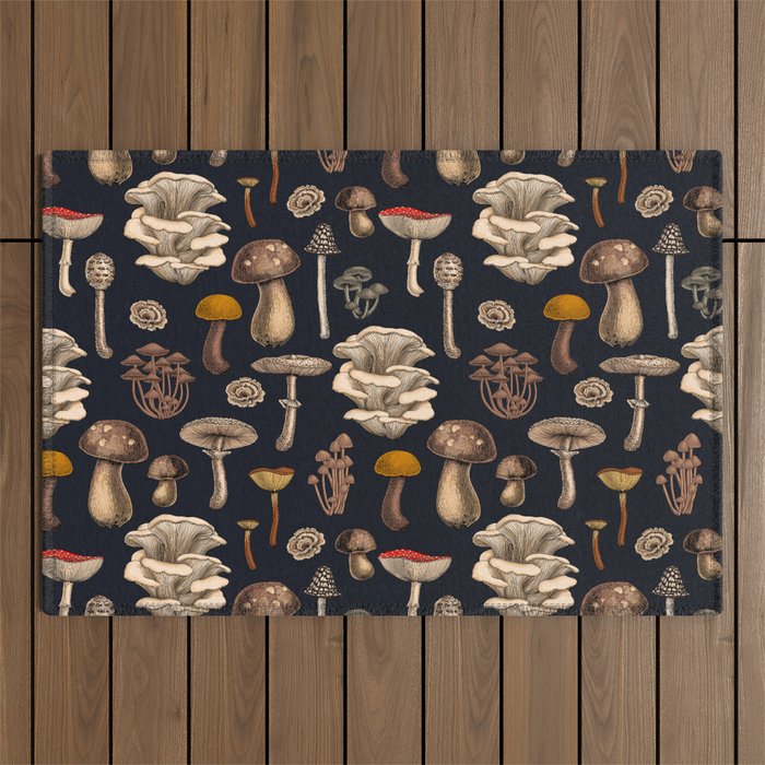 Wild Mushrooms  on graphite black Outdoor Rug Gallery Image 1