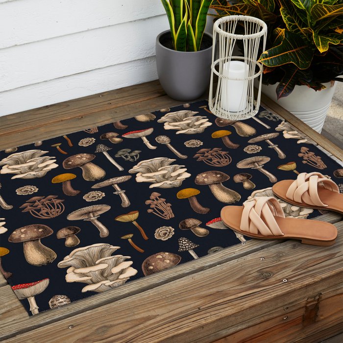 Wild Mushrooms  on graphite black Outdoor Rug Gallery Image 2