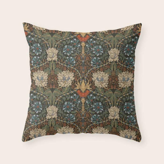 William Morris Honeysuckle and Tulip Forest Chestnut Pattern Throw Pillow Gallery Image 1
