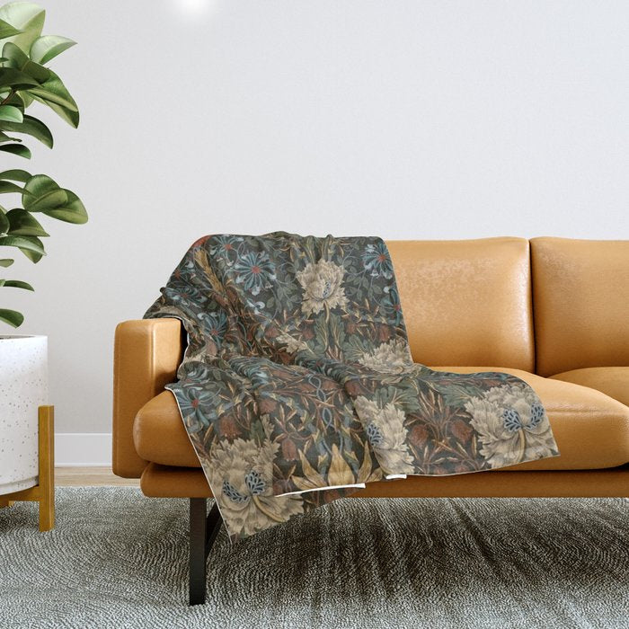 William Morris Honeysuckle and Tulip Forest Chestnut Pattern Throw Blanket Gallery Image 1