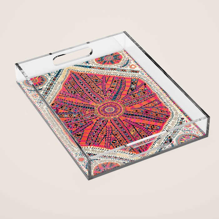 Large Medallion Suzani Bokhara Uzbekistan Embroidery Print Acrylic Tray Gallery Image 1