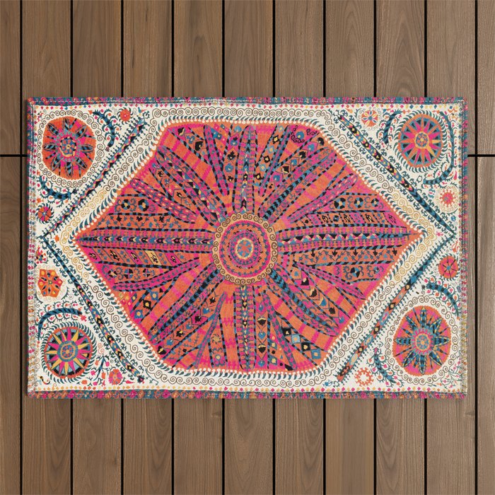Large Medallion Suzani Bokhara Uzbekistan Embroidery Print Outdoor Rug Gallery Image 1