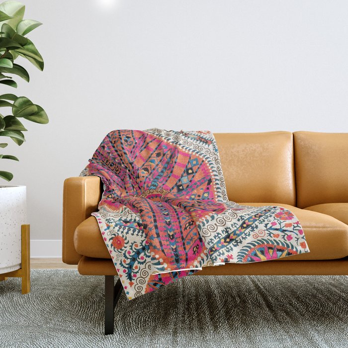 Large Medallion Suzani Bokhara Uzbekistan Embroidery Print Throw Blanket Gallery Image 1