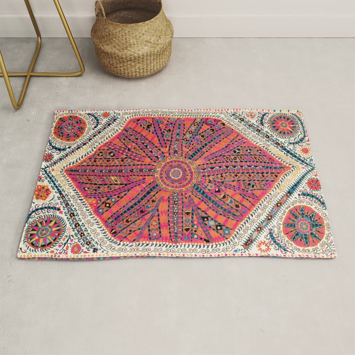 Large Medallion Suzani Bokhara Uzbekistan Embroidery Print Rug Gallery Image 1