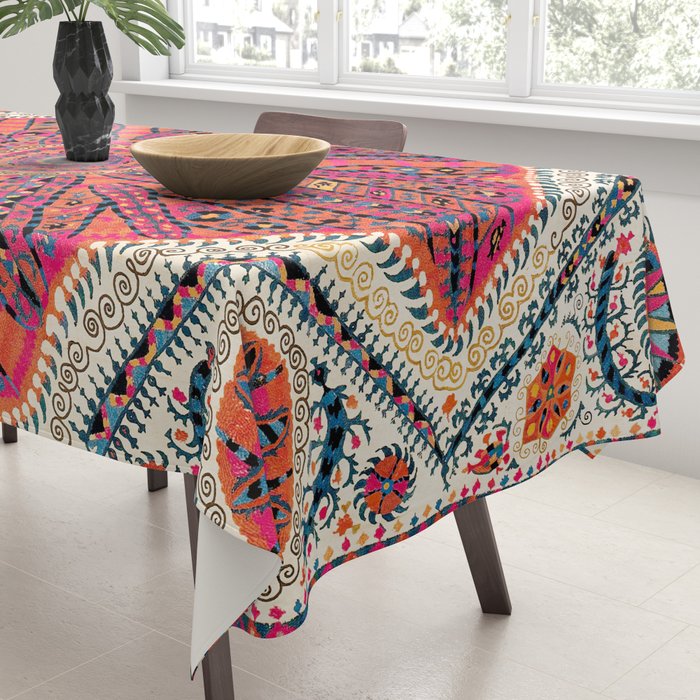Large Medallion Suzani Bokhara Uzbekistan Embroidery Print Tablecloth Gallery Image 3