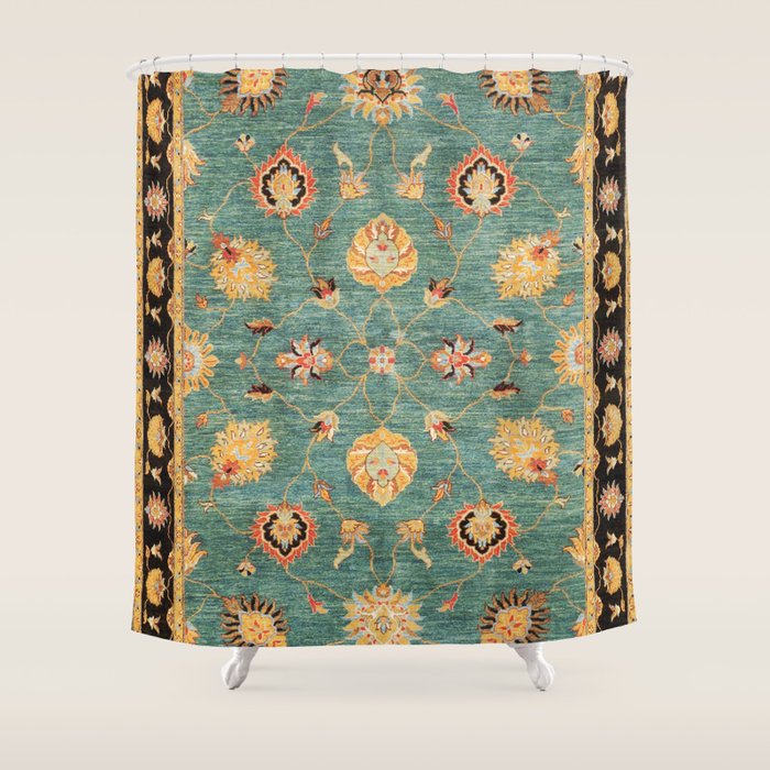 Oushak  Antique Gold Teal Turkish Rug Print Shower Curtain Gallery Image 1