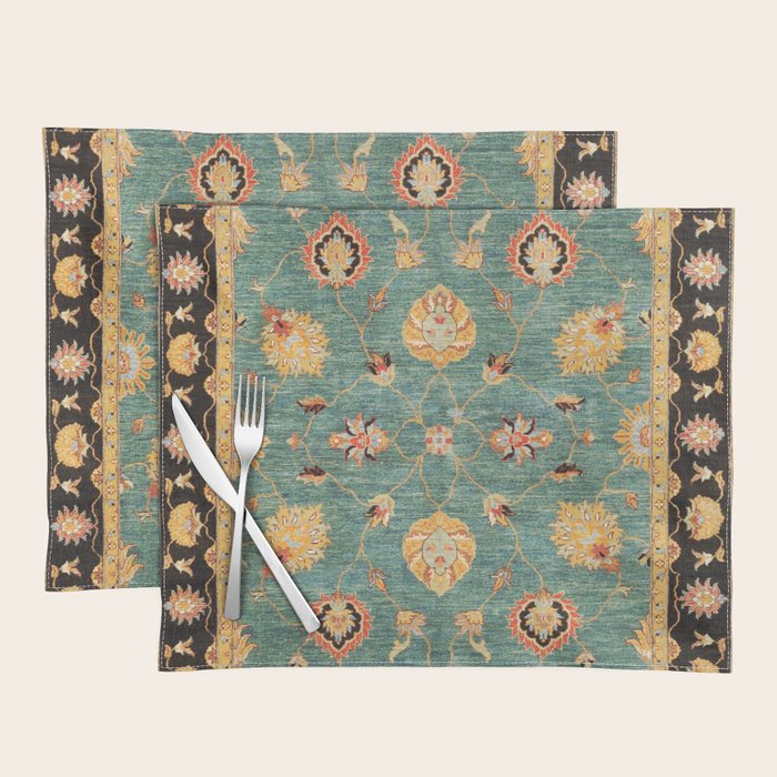 Oushak  Antique Gold Teal Turkish Rug Print Placemat Gallery Image 1