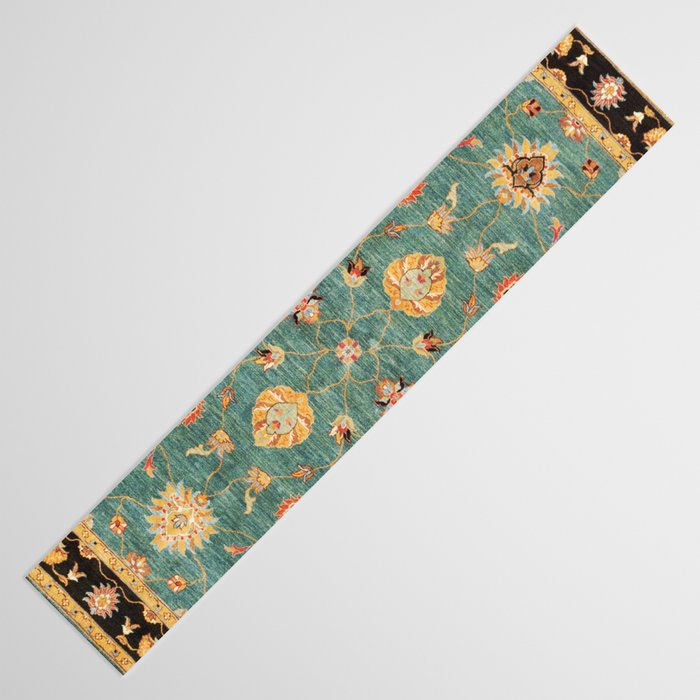 Oushak  Antique Gold Teal Turkish Rug Print Table Runner Gallery Image 3