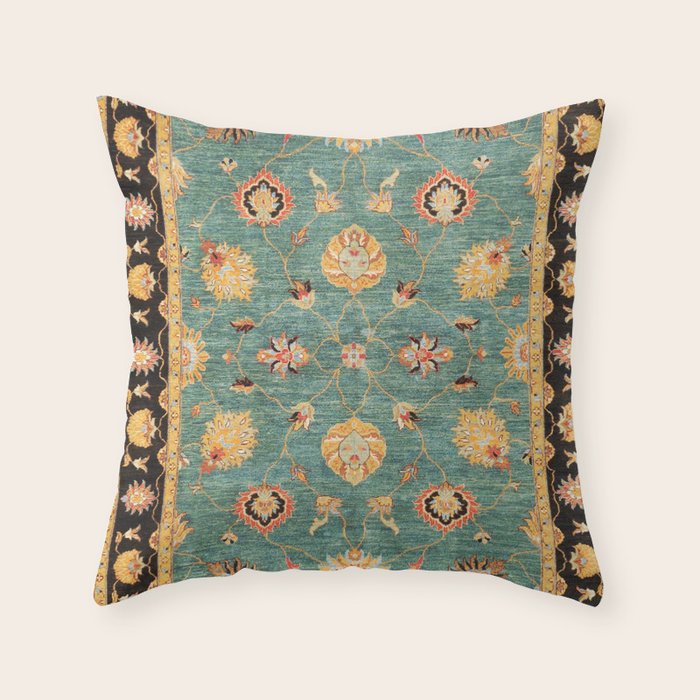 Oushak  Antique Gold Teal Turkish Rug Print Throw Pillow Gallery Image 6