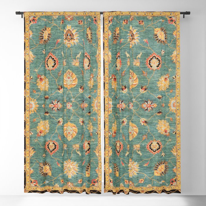Oushak  Antique Gold Teal Turkish Rug Print Window Curtain Gallery Image 5