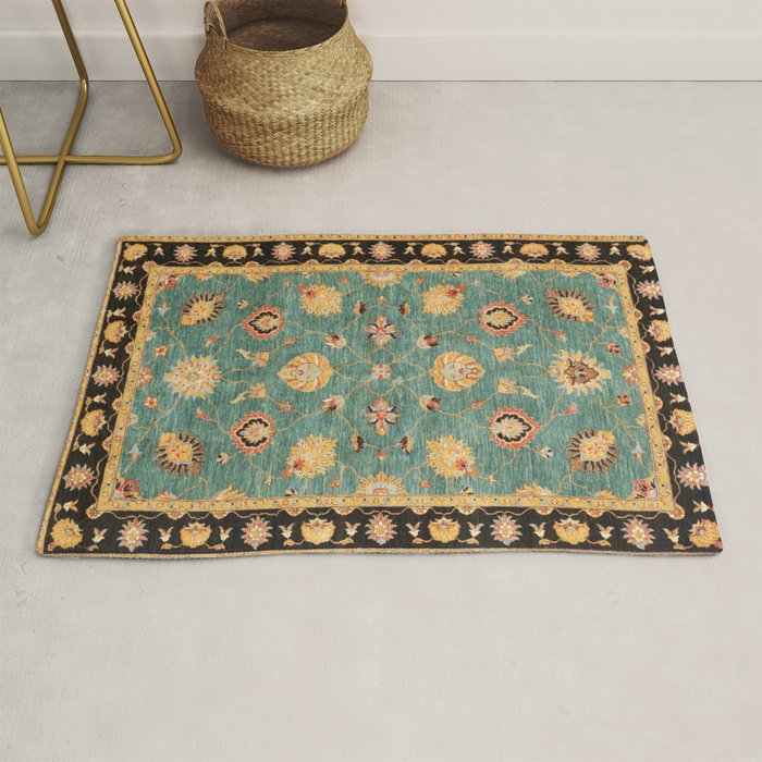 Oushak  Antique Gold Teal Turkish Rug Print Rug Gallery Image 1