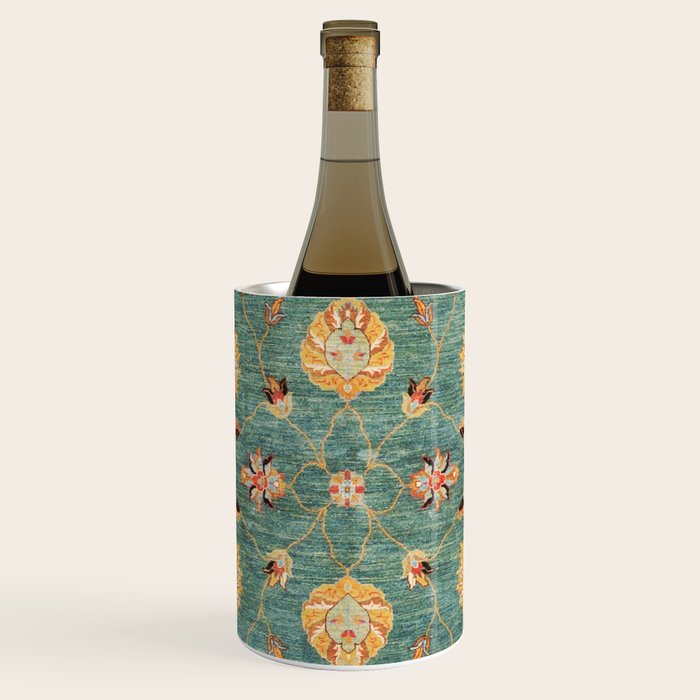 Oushak  Antique Gold Teal Turkish Rug Print Wine Chiller Gallery Image 1