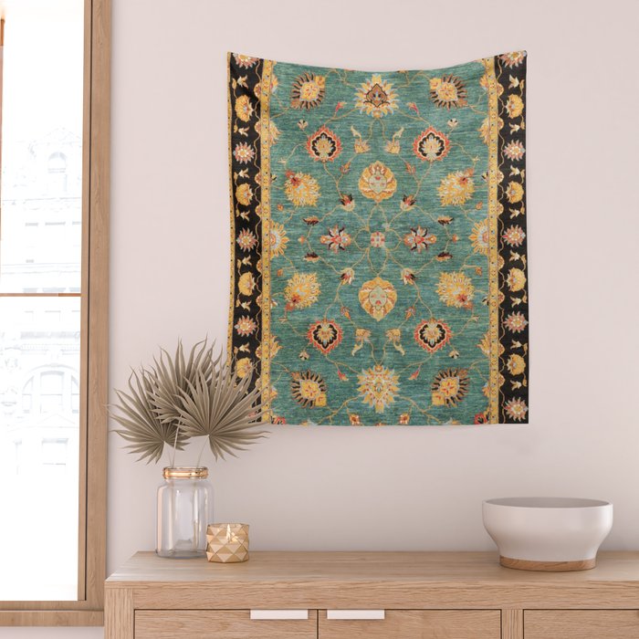 Oushak  Antique Gold Teal Turkish Rug Print Wall Tapestry Gallery Image 2