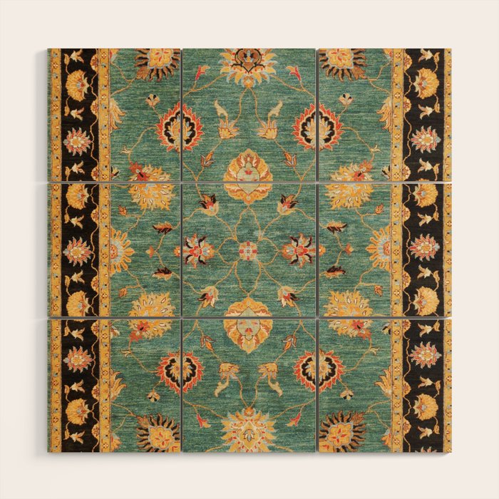 Oushak  Antique Gold Teal Turkish Rug Print Wood Wall Art Gallery Image 1