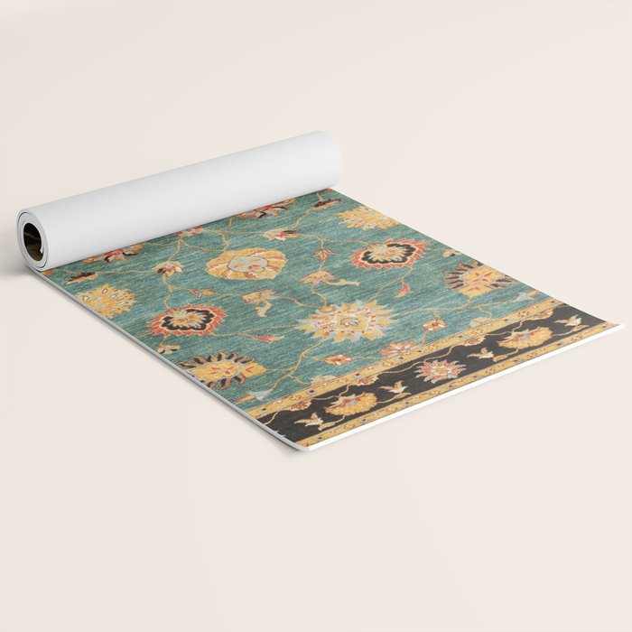 Oushak  Antique Gold Teal Turkish Rug Print Yoga Mat Gallery Image 2