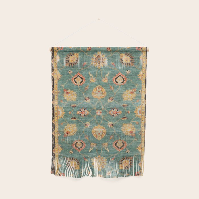 Oushak  Antique Gold Teal Turkish Rug Print Wall Hanging Gallery Image 1