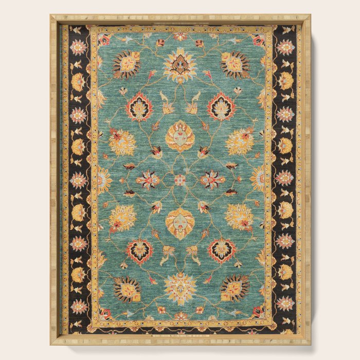Oushak  Antique Gold Teal Turkish Rug Print Serving Tray Gallery Image 1
