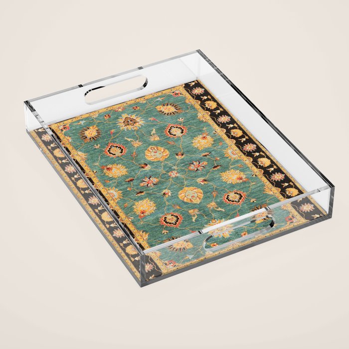 Oushak  Antique Gold Teal Turkish Rug Print Acrylic Tray Gallery Image 1
