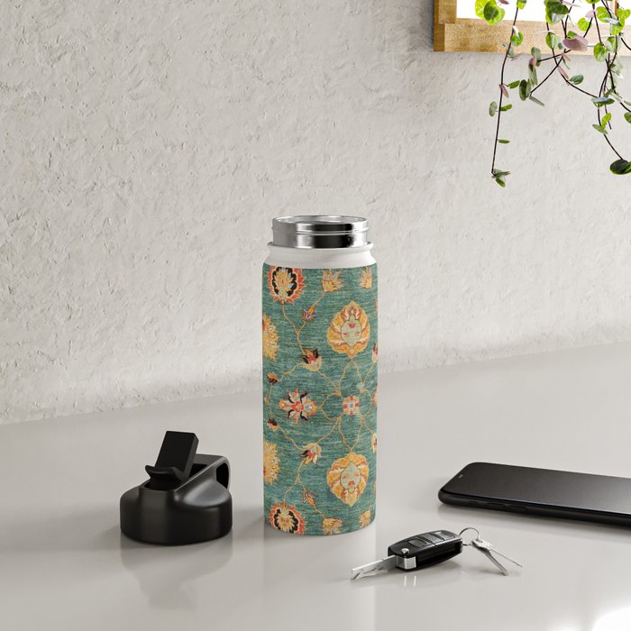 Oushak  Antique Gold Teal Turkish Rug Print Water Bottle Gallery Image 4