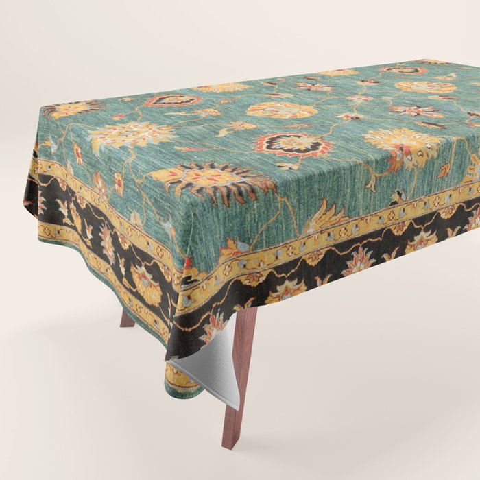 Oushak  Antique Gold Teal Turkish Rug Print Tablecloth Gallery Image 1