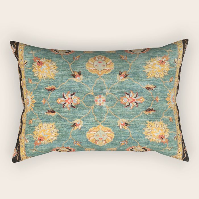 Oushak  Antique Gold Teal Turkish Rug Print Rectangular Pillow Gallery Image 2
