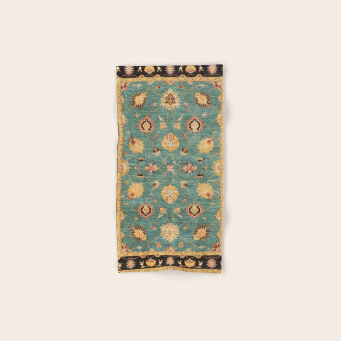 Oushak  Antique Gold Teal Turkish Rug Print Bath Towel Gallery Image 1