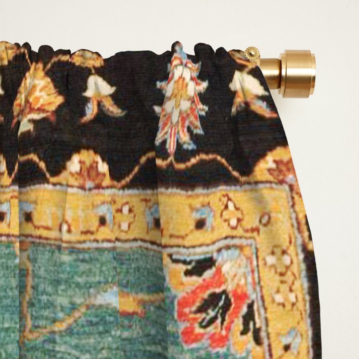 Oushak  Antique Gold Teal Turkish Rug Print Window Curtain Gallery Image 2
