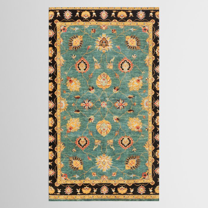 Oushak  Antique Gold Teal Turkish Rug Print Tablecloth Gallery Image 2