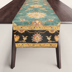 Oushak  Antique Gold Teal Turkish Rug Print Table Runner Gallery Image 1