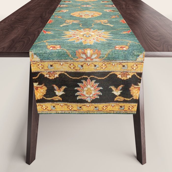 Oushak  Antique Gold Teal Turkish Rug Print Table Runner Gallery Image 1