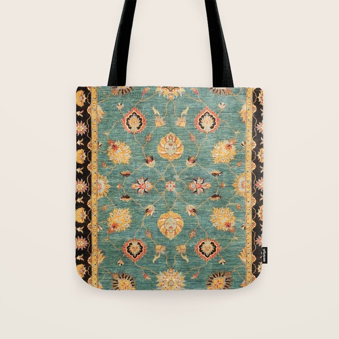 Oushak  Antique Gold Teal Turkish Rug Print Tote Bag Gallery Image 1