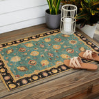 Oushak  Antique Gold Teal Turkish Rug Print Outdoor Rug Gallery Image 2