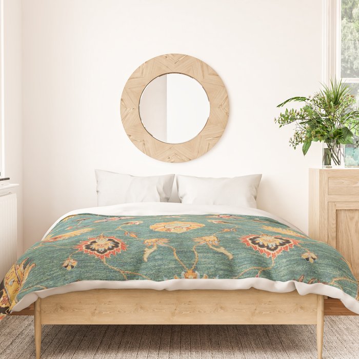 Oushak  Antique Gold Teal Turkish Rug Print Duvet Cover Gallery Image 3