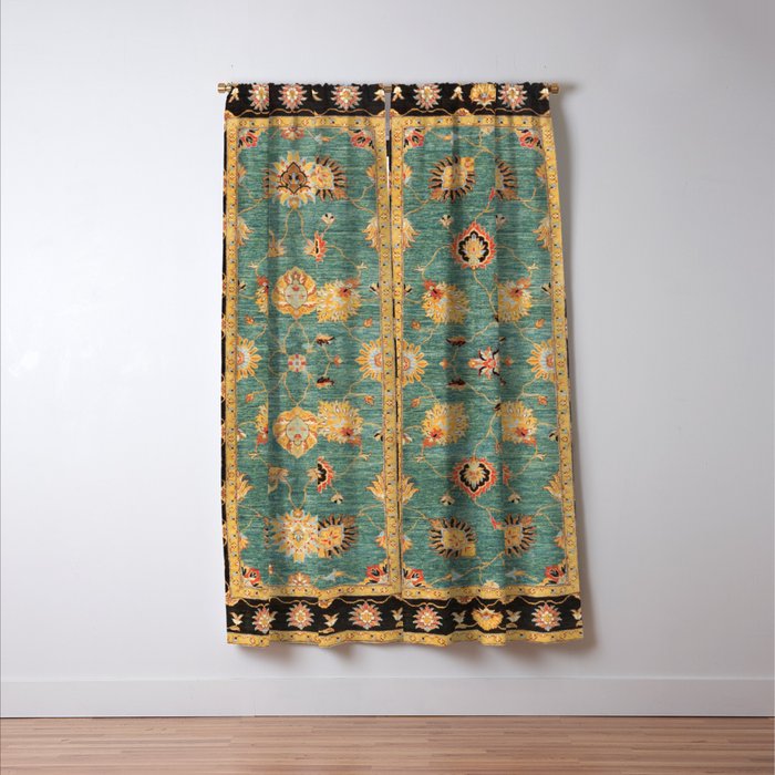 Oushak  Antique Gold Teal Turkish Rug Print Window Curtain Gallery Image 3