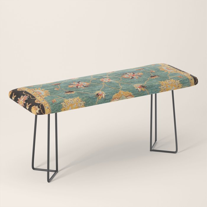 Oushak  Antique Gold Teal Turkish Rug Print Bench Gallery Image 1