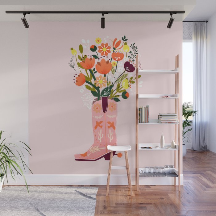 Pink Cowboy Boot and Wild Flower Bouquet Wall Mural Gallery Image 1