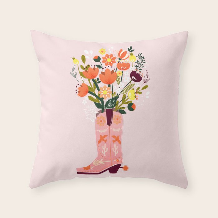 Pink Cowboy Boot and Wild Flower Bouquet Throw Pillow Gallery Image 1