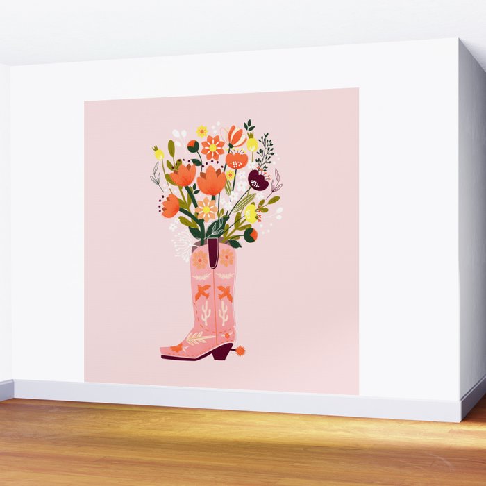 Pink Cowboy Boot and Wild Flower Bouquet Wall Mural Gallery Image 2
