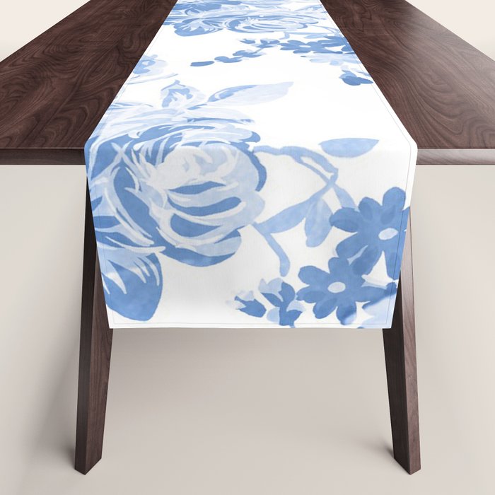 Modern navy blue white watercolor elegant floral Table Runner Gallery Image 1