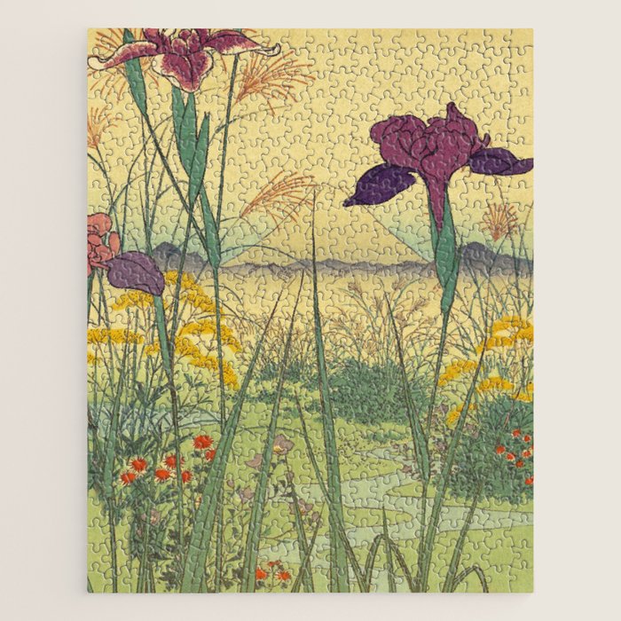 Hankjin Views - Nature Ukiyo Landscape in Green, Purple, Yellow & Orange Jigsaw Puzzle Gallery Image 1