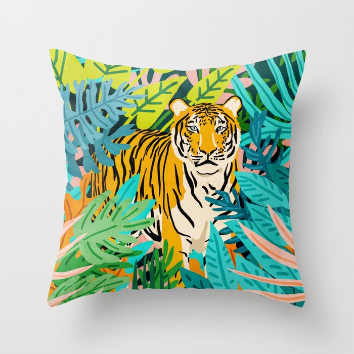 Only 3890 Tigers Left, Wildlife Vibrant Tiger Painting, Jungle Nature Colorful Illustration Throw Pillow Gallery Image 1