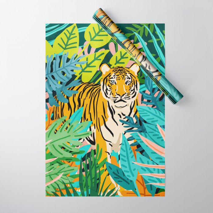 Only 3890 Tigers Left, Wildlife Vibrant Tiger Painting, Jungle Nature Colorful Illustration Wrapping Paper Gallery Image 1