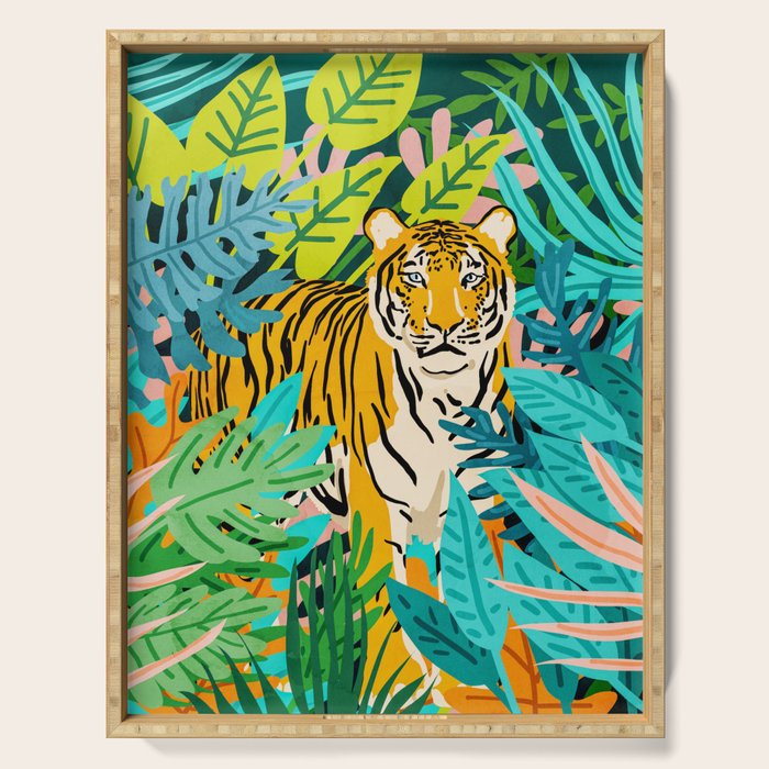 Only 3890 Tigers Left, Wildlife Vibrant Tiger Painting, Jungle Nature Colorful Illustration Serving Tray Gallery Image 1