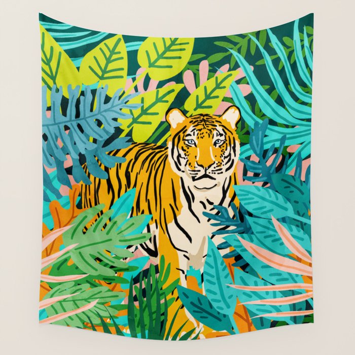 Only 3890 Tigers Left, Wildlife Vibrant Tiger Painting, Jungle Nature Colorful Illustration Wall Tapestry Gallery Image 1