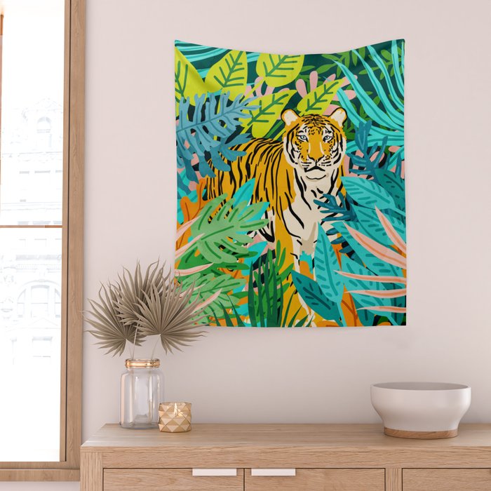 Only 3890 Tigers Left, Wildlife Vibrant Tiger Painting, Jungle Nature Colorful Illustration Wall Tapestry Gallery Image 2