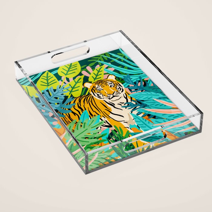 Only 3890 Tigers Left, Wildlife Vibrant Tiger Painting, Jungle Nature Colorful Illustration Acrylic Tray Gallery Image 1